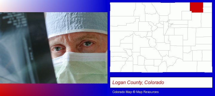 a physician viewing x-ray results; Logan County, Colorado highlighted in red on a map