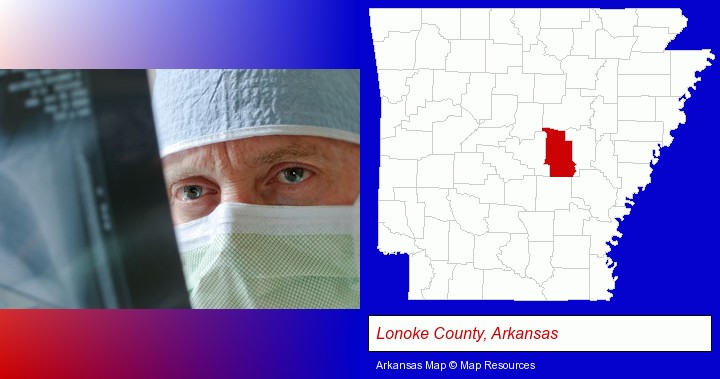 a physician viewing x-ray results; Lonoke County, Arkansas highlighted in red on a map
