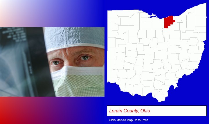 a physician viewing x-ray results; Lorain County, Ohio highlighted in red on a map