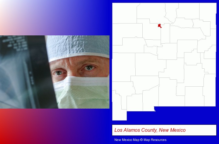 a physician viewing x-ray results; Los Alamos County, New Mexico highlighted in red on a map