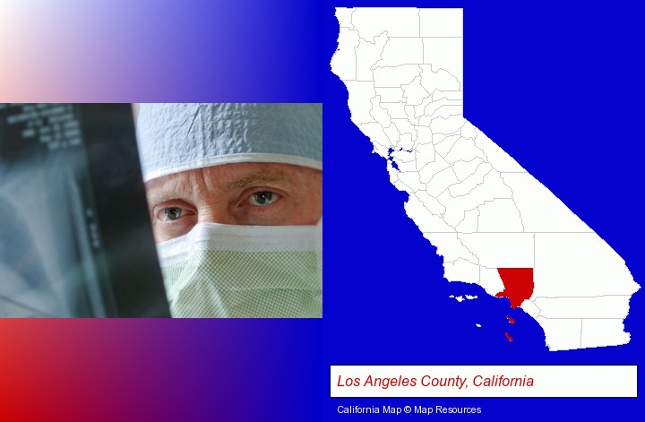 a physician viewing x-ray results; Los Angeles County, California highlighted in red on a map