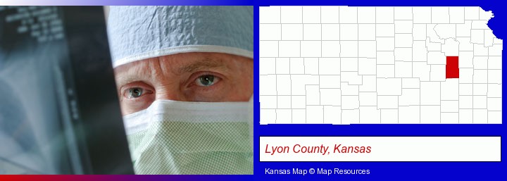 a physician viewing x-ray results; Lyon County, Kansas highlighted in red on a map