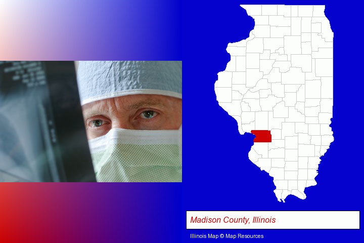 a physician viewing x-ray results; Madison County, Illinois highlighted in red on a map