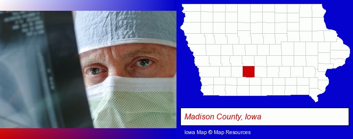 a physician viewing x-ray results; Madison County, Iowa highlighted in red on a map