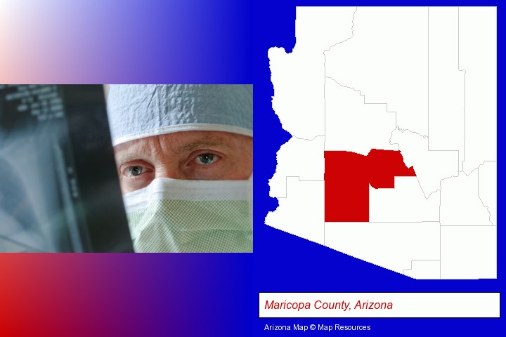 a physician viewing x-ray results; Maricopa County, Arizona highlighted in red on a map