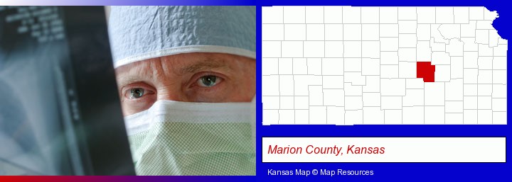 a physician viewing x-ray results; Marion County, Kansas highlighted in red on a map