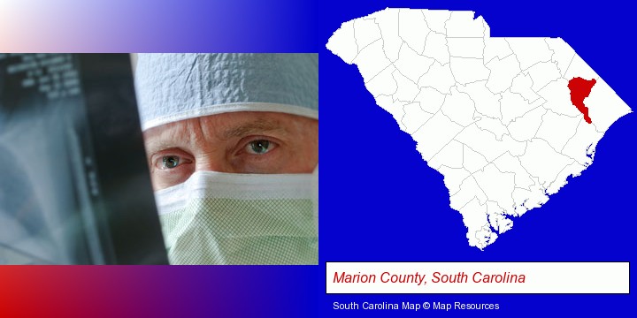 a physician viewing x-ray results; Marion County, South Carolina highlighted in red on a map