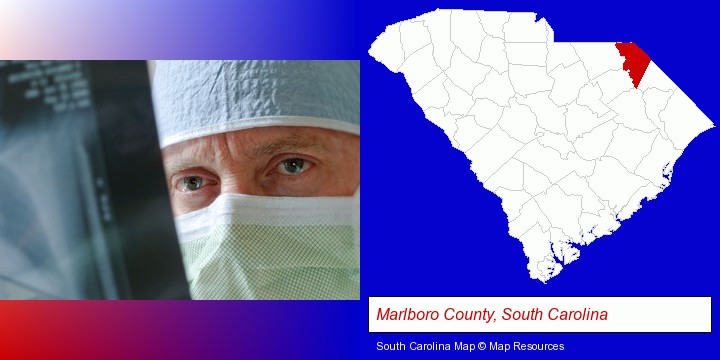a physician viewing x-ray results; Marlboro County, South Carolina highlighted in red on a map