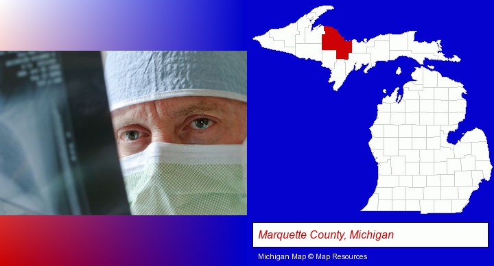 a physician viewing x-ray results; Marquette County, Michigan highlighted in red on a map