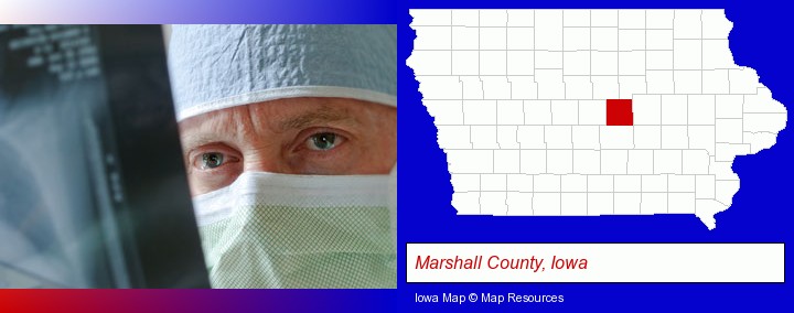 a physician viewing x-ray results; Marshall County, Iowa highlighted in red on a map