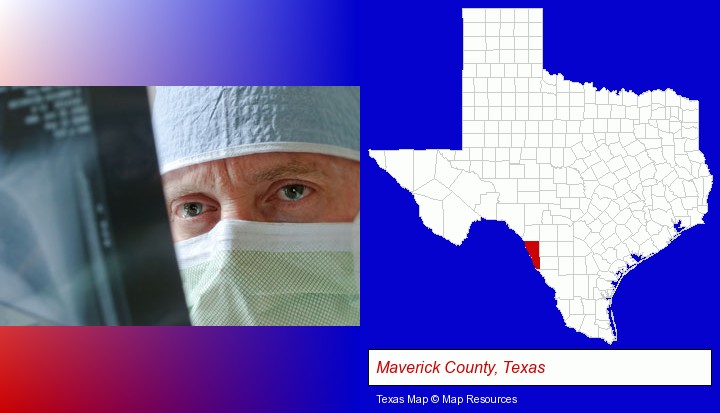 a physician viewing x-ray results; Maverick County, Texas highlighted in red on a map