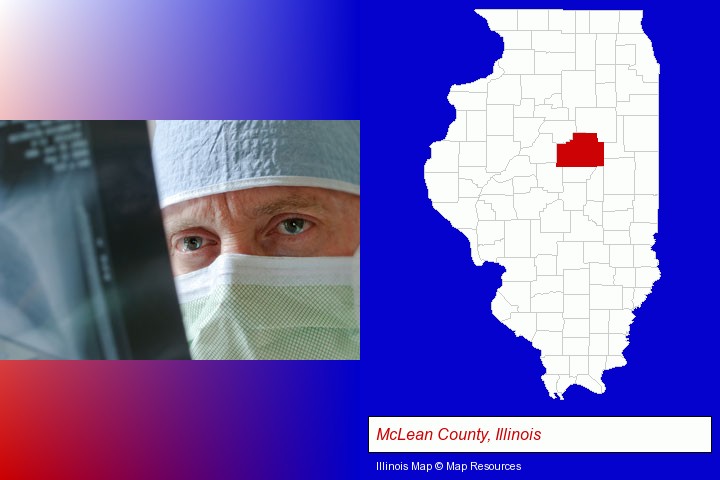 a physician viewing x-ray results; McLean County, Illinois highlighted in red on a map