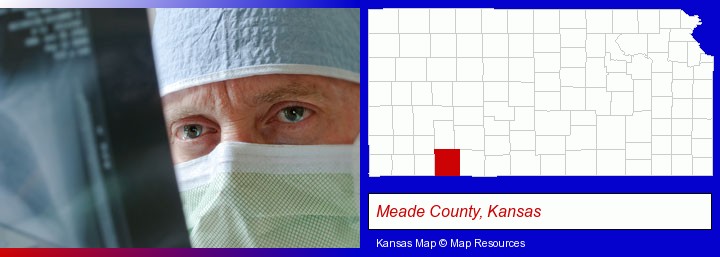 a physician viewing x-ray results; Meade County, Kansas highlighted in red on a map