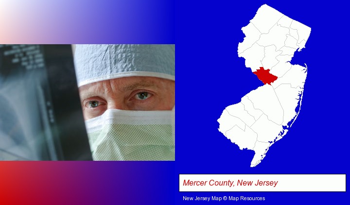 a physician viewing x-ray results; Mercer County, New Jersey highlighted in red on a map