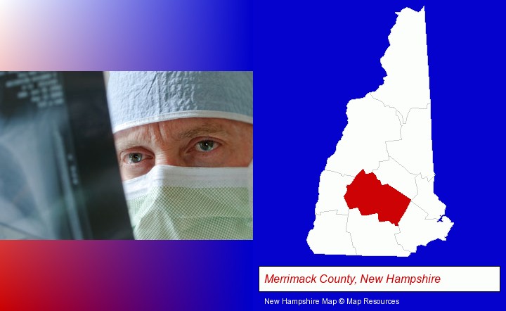 a physician viewing x-ray results; Merrimack County, New Hampshire highlighted in red on a map