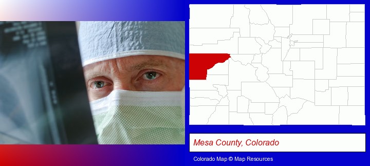 a physician viewing x-ray results; Mesa County, Colorado highlighted in red on a map