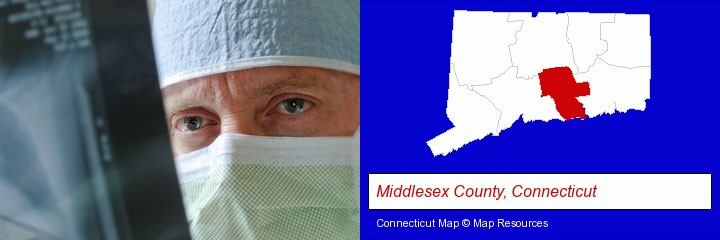 a physician viewing x-ray results; Middlesex County, Connecticut highlighted in red on a map