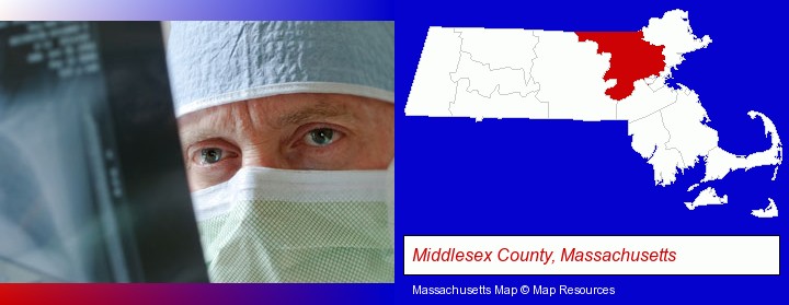 a physician viewing x-ray results; Middlesex County, Massachusetts highlighted in red on a map