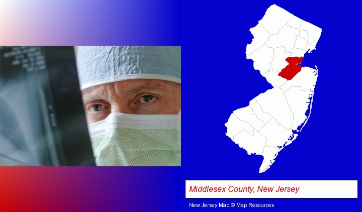 a physician viewing x-ray results; Middlesex County, New Jersey highlighted in red on a map