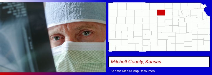 a physician viewing x-ray results; Mitchell County, Kansas highlighted in red on a map