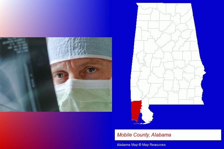 a physician viewing x-ray results; Mobile County, Alabama highlighted in red on a map