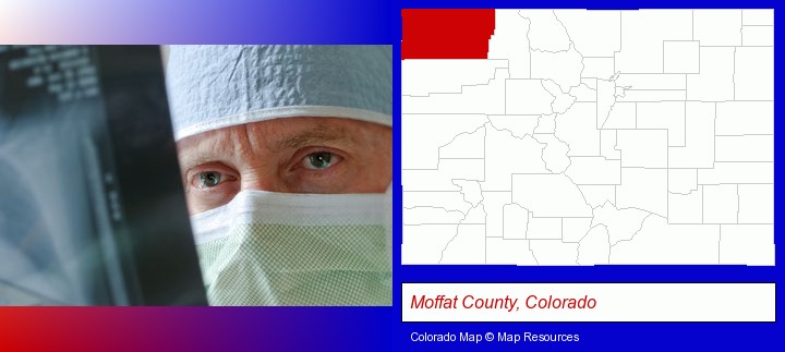 a physician viewing x-ray results; Moffat County, Colorado highlighted in red on a map