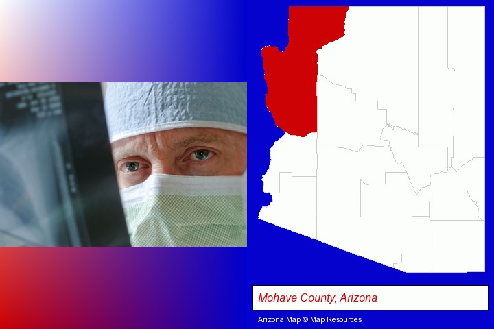 a physician viewing x-ray results; Mohave County, Arizona highlighted in red on a map