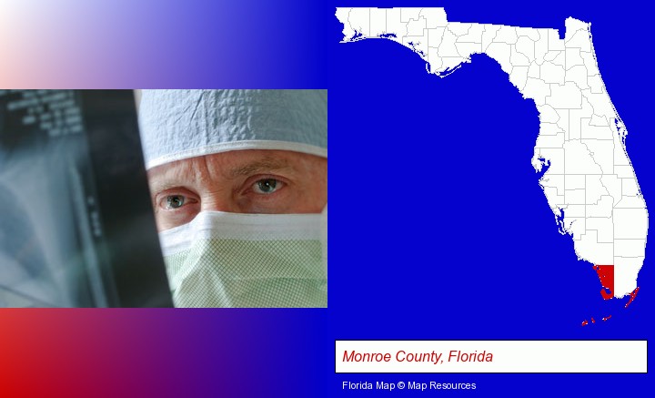 a physician viewing x-ray results; Monroe County, Florida highlighted in red on a map