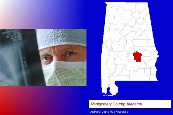 a physician viewing x-ray results; Montgomery County, Alabama highlighted in red on a map