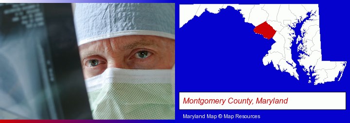 a physician viewing x-ray results; Montgomery County, Maryland highlighted in red on a map