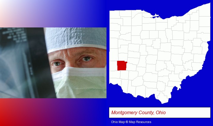 a physician viewing x-ray results; Montgomery County, Ohio highlighted in red on a map