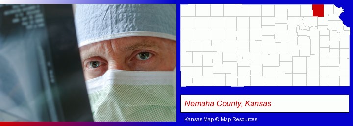 a physician viewing x-ray results; Nemaha County, Kansas highlighted in red on a map