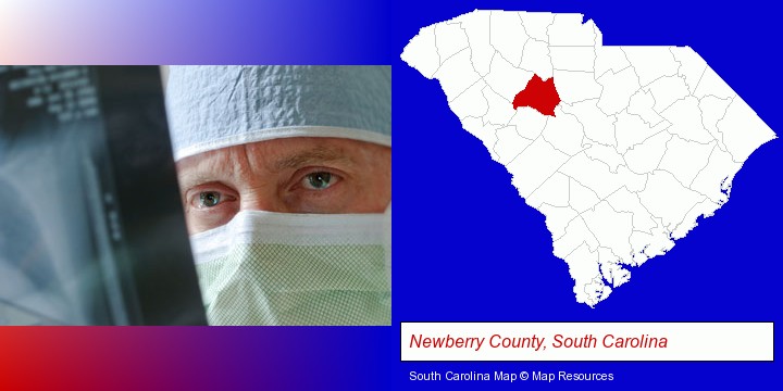 a physician viewing x-ray results; Newberry County, South Carolina highlighted in red on a map