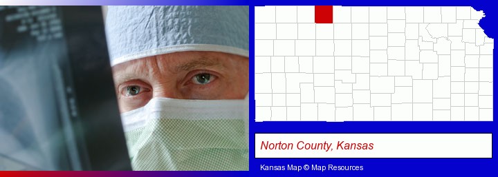 a physician viewing x-ray results; Norton County, Kansas highlighted in red on a map