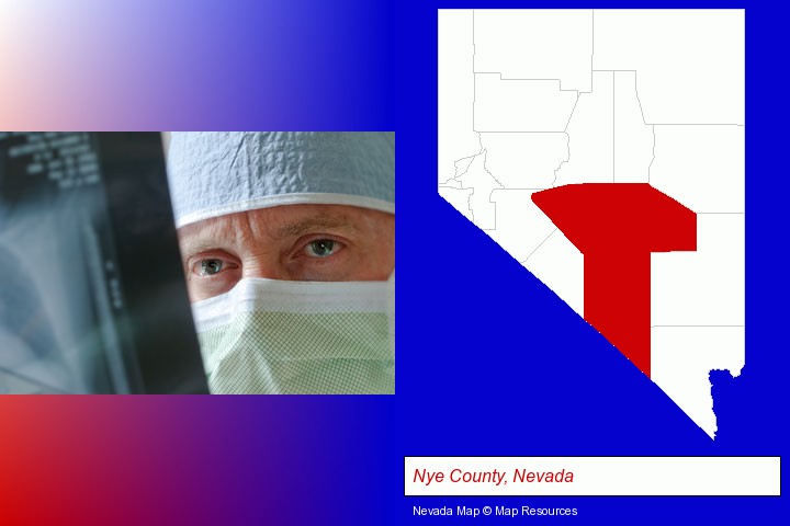 a physician viewing x-ray results; Nye County, Nevada highlighted in red on a map