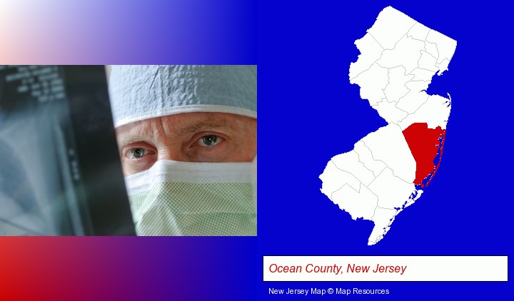 a physician viewing x-ray results; Ocean County, New Jersey highlighted in red on a map