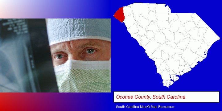 a physician viewing x-ray results; Oconee County, South Carolina highlighted in red on a map