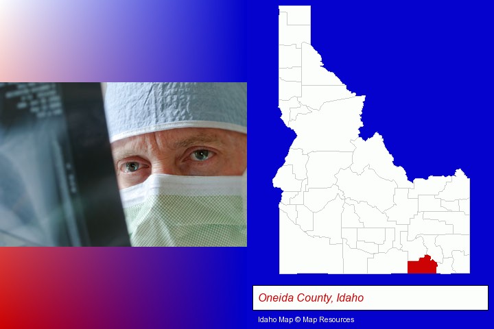 a physician viewing x-ray results; Oneida County, Idaho highlighted in red on a map