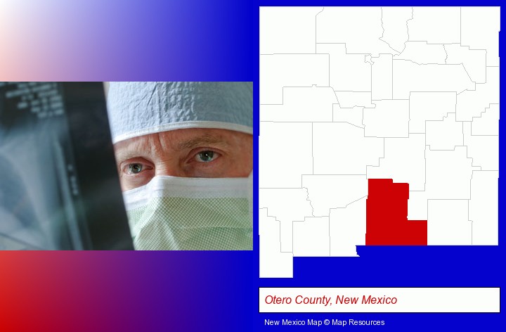 a physician viewing x-ray results; Otero County, New Mexico highlighted in red on a map