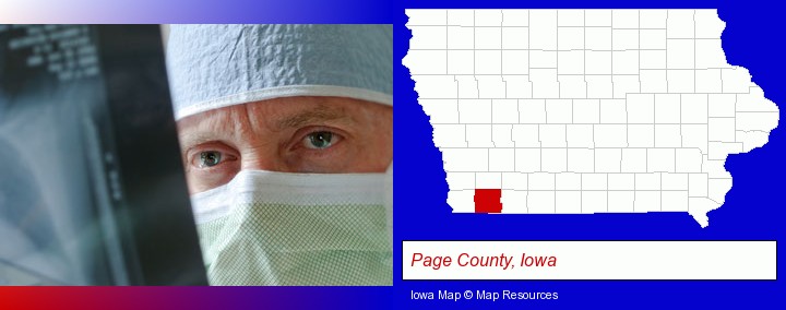 a physician viewing x-ray results; Page County, Iowa highlighted in red on a map