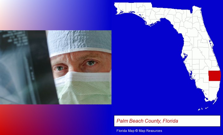 a physician viewing x-ray results; Palm Beach County, Florida highlighted in red on a map