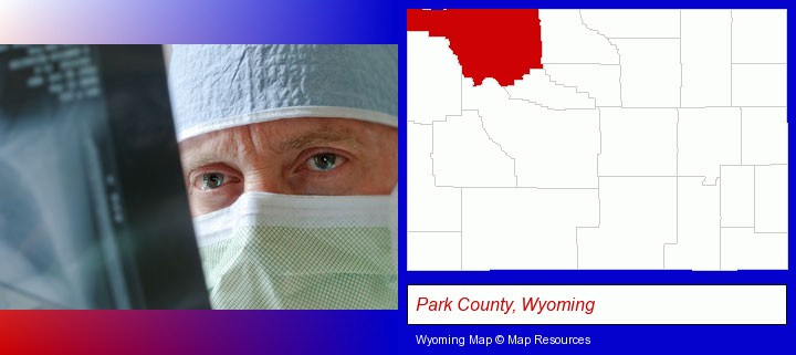 a physician viewing x-ray results; Park County, Wyoming highlighted in red on a map