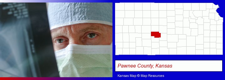 a physician viewing x-ray results; Pawnee County, Kansas highlighted in red on a map