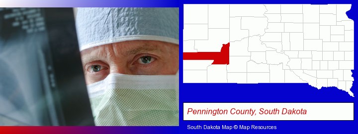 a physician viewing x-ray results; Pennington County, South Dakota highlighted in red on a map