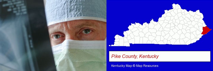 a physician viewing x-ray results; Pike County, Kentucky highlighted in red on a map