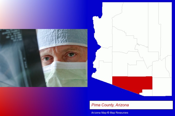 a physician viewing x-ray results; Pima County, Arizona highlighted in red on a map