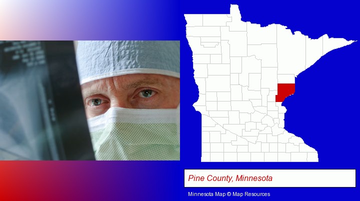 a physician viewing x-ray results; Pine County, Minnesota highlighted in red on a map