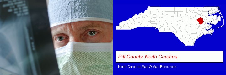 a physician viewing x-ray results; Pitt County, North Carolina highlighted in red on a map