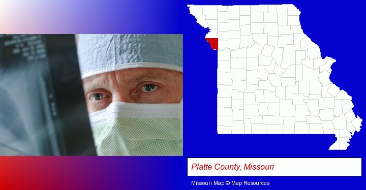 a physician viewing x-ray results; Platte County, Missouri highlighted in red on a map