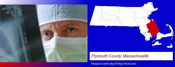 a physician viewing x-ray results; Plymouth County, Massachusetts highlighted in red on a map